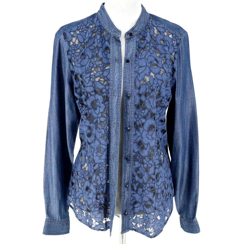 Jones NY Top Womens 6 Blue Chambray Blouse Lace Front Shacket Semi Sheer New